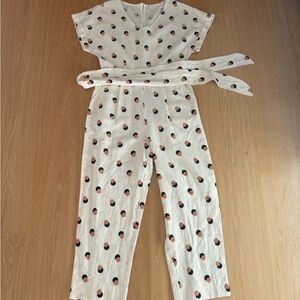 Lush Cream Jumpsuit with Black and Peach Dot Print
